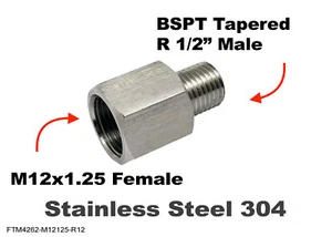 M12x1.25 Female to BSPT Tapered R 1/2" Male Stainless Sensor Adaptor Fittings - Picture 1 of 6