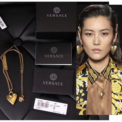 NUOVA COLLANA Ciondolo Cuore Cordolo Maglia Cordolo VERSACE $650 Runway Tono Oro NUOVO CON SCATOLA