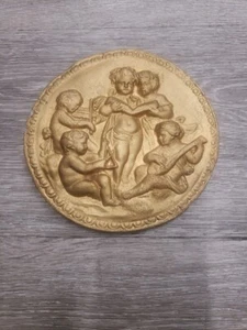  Cherub Putto Cherubs Band Musiker Engel rund Messingguss Wandrelief Vintage  - Bild 1 von 8