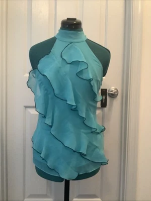 Top sin mangas IZ Byer para mujer XS turquesa verde azulado aguamarina con volantes cuello con botones Foto 1 de 4