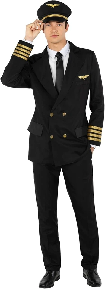 Schwarzes Pilot Kostüm Herren Fluglinienpiloten Uniform Karneval Halloween M-3XL - Bild 1 von 4