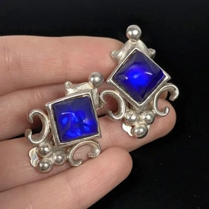 Vintage Veronique Cheranich Paris Icy Cobalt Blue Silver Tone Clip-On Earrings - Picture 1 of 6