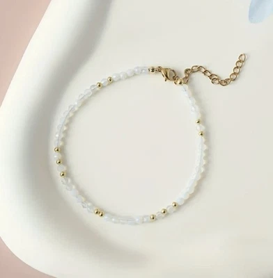 ✅ Mondstein Edelstein Armband Weiss Gold Natürlich Stein Perlen Kette 3mm Damen✅ - Bild 1 von 4