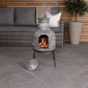 Charles Bentley Snug Leaf Motif Clay Chiminea BBQ Grill Leaf Design Rain Lid - Picture 1 of 6