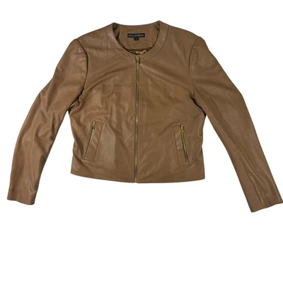 Chaqueta Via Spiga 100% Cuero Cordero Mujer’s L Marrón Dorado Cremallera Estilo Moto Foto 1 de 4