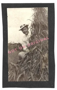 Vintage Old 1905 Photo of Smiling Man in Funky Hat Hiding Behind Corn Stalk - Picture 1 of 1