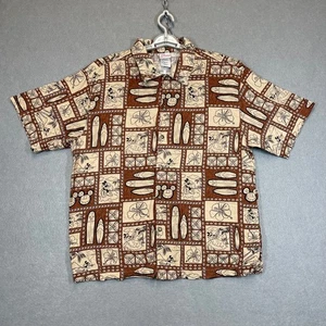 Disney Hawaiian Shirt Mens Large Brown Surfboard Tropical Mickey Aloha Beach - Picture 1 of 9