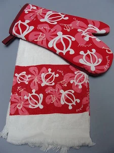 Nuevo Toalla de Cocina Hawaiana Horno Mitón Honu Flor Rojo Algodón - Imagen 1 de 1
