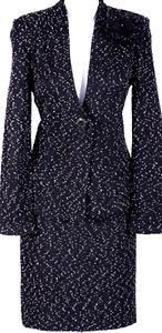 ST.JOHN Women's Tweed Black White Boucle Removeable Flowers Jacket & Skirt Sz 6 - Picture 1 of 9