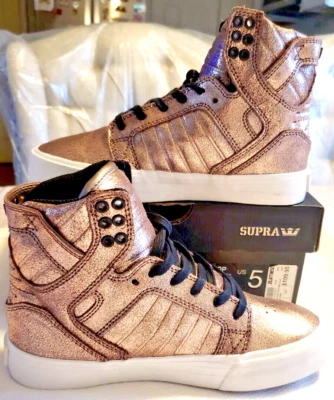 NUEVAS ZAPATILLAS SUPRA SKYTOP ZAPATOS DE SKATE ORO ROSA METALIZADO-BLANCO SW18260 "TALLA 5" Foto 1 de 4
