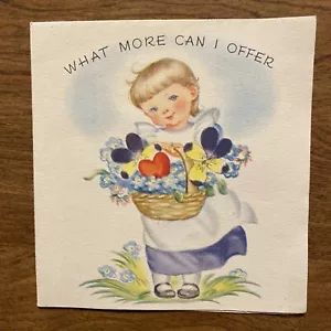 Tarjeta de felicitación vintage del día de San Valentín de los años 40 niña sosteniendo cesta de flores - Imagen 1 de 12