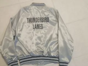 NEW vtg Thunderbird Lanes L Hilton USA Bowling Jacket shiny satin silver black - Picture 1 of 8