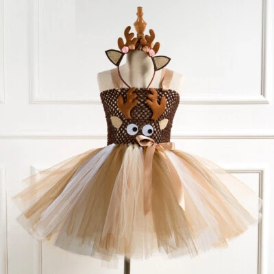 UK Kids Girls Christmas Tutu Xmas Party Costume Outfit Set Deer Dress+Headwear - Image 1 of 4