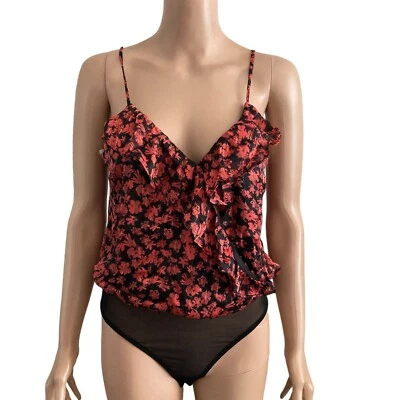 Lush Bodysuit Womens Small Floral Black Red Shimmer Womens Lightweight Ruffles - Image 1 of 4