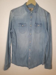 Zara Man Western Denim Shirt M Blue Slim Fit Pearl Snap Faded Distressed Cowboy - Picture 1 of 21