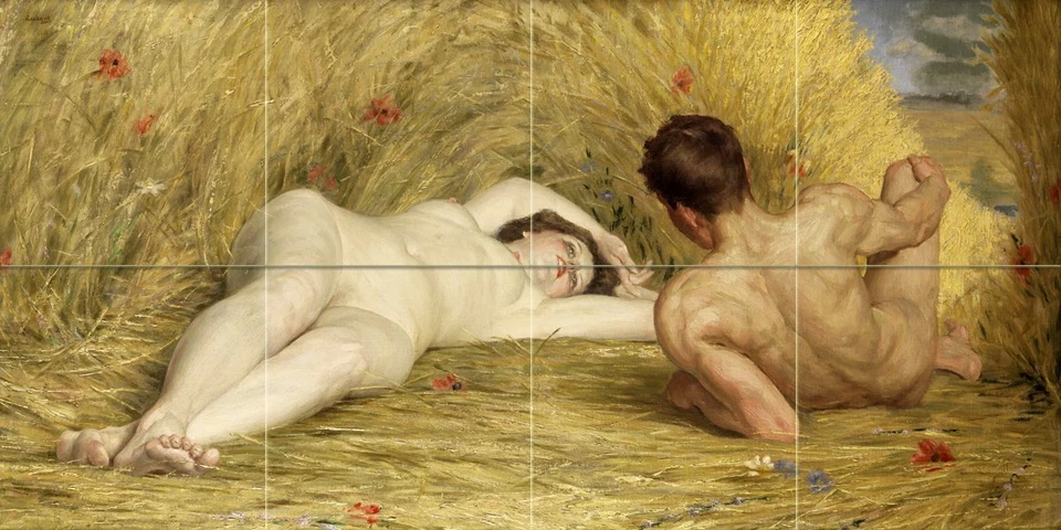 Flowers wheat nude girl A. Leveque Tile Mural Wall Backsplash Art Marble Ceramic - Image 1 of 1