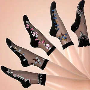 5 Pairs Black Ladies Women Elastic Floral Short Ankle Sheer Stockings Silk Socks - Picture 1 of 8