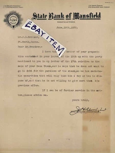 1930 BANCA DI STATO di MANSFIELD TEXAS J H Wright J T Stephens T G Davis R D Galden - Foto 1 di 1