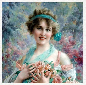 Vintage Female with roses - Fabric Craft Panels in 100% Cotton or Polyester - Picture 1 of 1