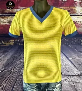 VTG 80s Striped Ringer T Shirt Mens Medium V Neck Yellow Blue skater cobain mod - Picture 1 of 14