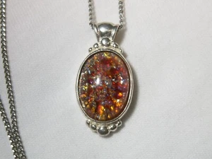 ...Sterling Silver, Colorful Fire Opal Glass Cab Pendant Necklace... - Picture 1 of 8