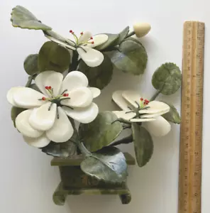 Oriental Stone Carved Jade Agate Bonsai Magnolia Four Flower Tree 9" Mid Century - Picture 1 of 13