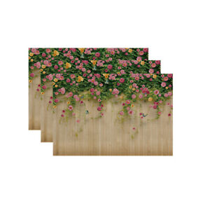 Yunrun Pink Rose on Wooden Wall Placemats for Dining Table 12X18" 4PCS Coasters