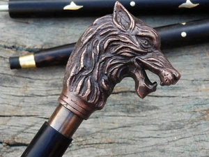 Handmade Walking Stick Wolf Head Antique Brass Handle Wooden Cane Vintage Decor - Picture 1 of 5