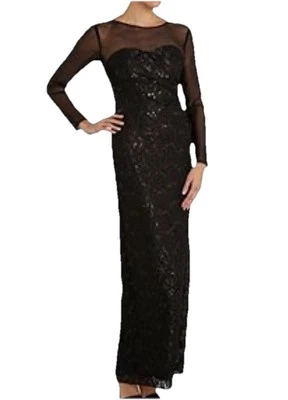 Lauren Ralph Lauren Formal Black Sequin Lace Column Gown 4 Mesh Long Sleeve NWT - Image 1 of 4