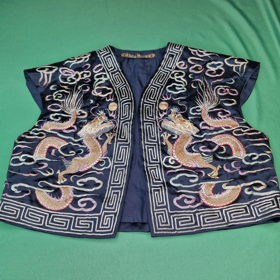 Antique or Vintage 100% Silk Embroidered 3D Dragon Vest Black Gold 3 Dragons 34" - Image 1 of 4