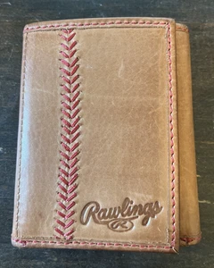 Rawlings Genuine Leather Trifold Wallet Brown Red Baseball Stitching - Picture 1 of 5
