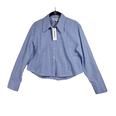 Camisa DKNY NUEVA CON ETIQUETAS XS Azul Rayas Abotonada 100% Algodón Con Acentos de Estrás Foto 1 de 4
