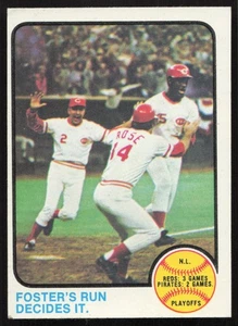 1973 Topps #202 N.L. Playoffs: Foster's Run Decides It Cincinnati Reds EX-COMO NUEVO - Imagen 1 de 2