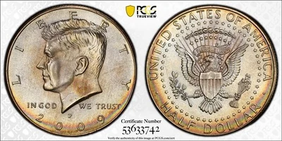 SP67 2009-P 50C Kennedy Half Dollar, PCGS Trueview- Satin Finish Rainbow Toned - Image 1 of 4