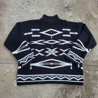 Suéter feminino vintage Gitano Southwestern G preto pescoço falso geométrico colorido - Imagem 1 de 4