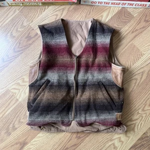 EDDIE BAUER Vintage Wool Canvas Reversible Vest Leather Trim Men's Large L 80s - Picture 1 of 14