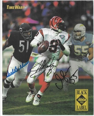 Tarjeta de autógrafo triple automática Dick Butkus Junior Seau 1995 EDGE NFL TIME WARP 8x10 Foto 1 de 2