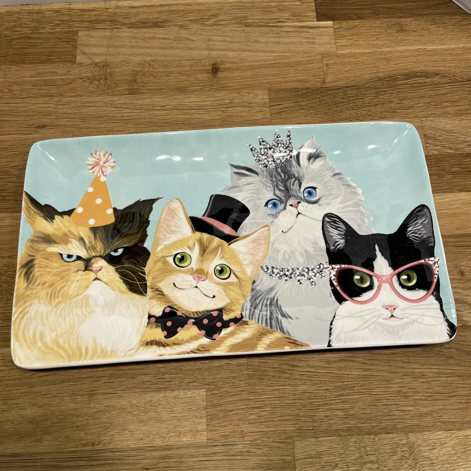 Bandeja para servir PIER 1 One Cats “Party Cats” Ironstone rectangular plato de 14" x 8" Foto 1 de 4