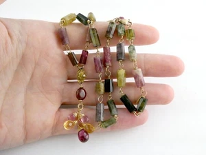 Vera Battemarco 14k Gold Fill Metal Pink and Green Tourmaline Beaded Necklace - Picture 1 of 24