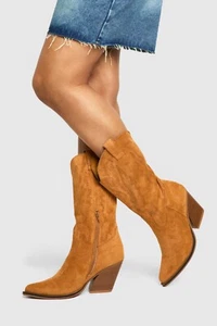 COWBOY BOOT TAN FAUX SOFT NAPPA SUEDE ON TREND CALF HEIGHT - Picture 1 of 6
