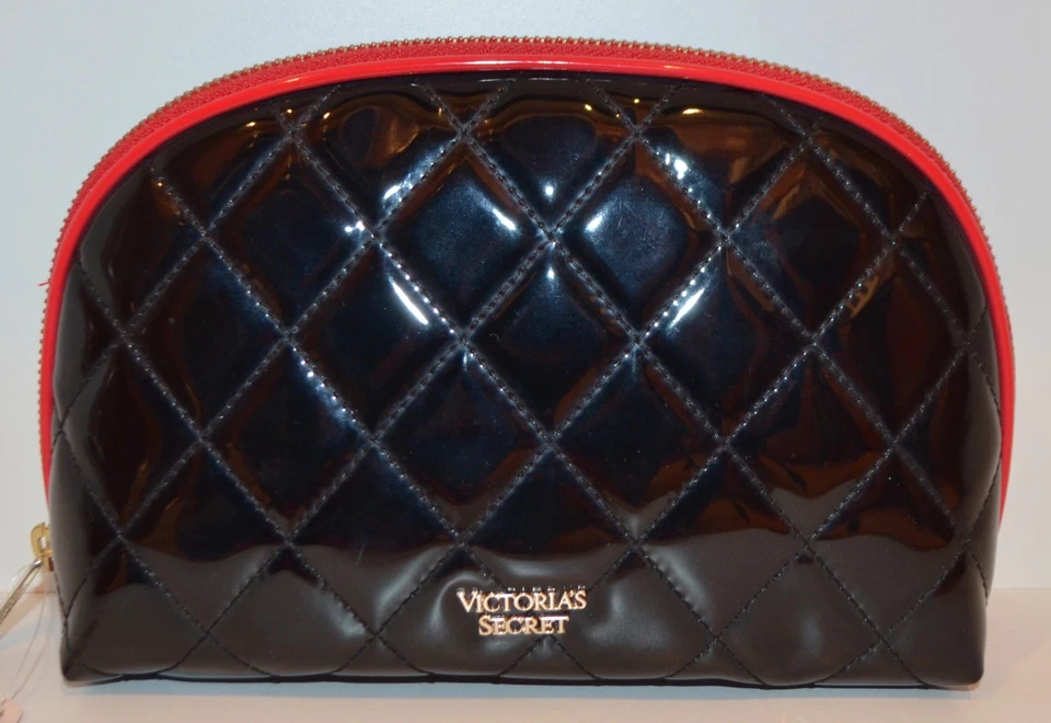 VICTORIA'S SECRET BOLSA DE BELEZA ACOLCHOADA PRETA BRILHANTE MAQUIAGEM ESTOJO COSMÉTICO VIAGEM NOVA - Imagem 1 de 4