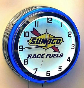 19" Sunoco Race Fuels Sign Gas Oil Double Blue Neon Clock Chrome Finish Racing - Picture 1 of 2