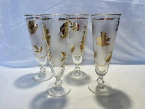 Libbey Golden Leaf Frosted Pilsner Champagne Glasses MCM Vtg Set of 4 Excellent - Picture 1 of 6