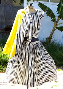 Women's Vintage MSK 3 Piece Skirt Suit White Black Polka Dot 28 Pockets Yellow - Picture 1 of 15