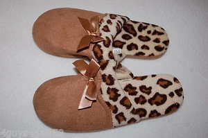 Womens Slippers CAMEL BROWN OPEN BACK HOUSE SHOES Leopard Print Insole L 10-11 - Picture 1 of 1