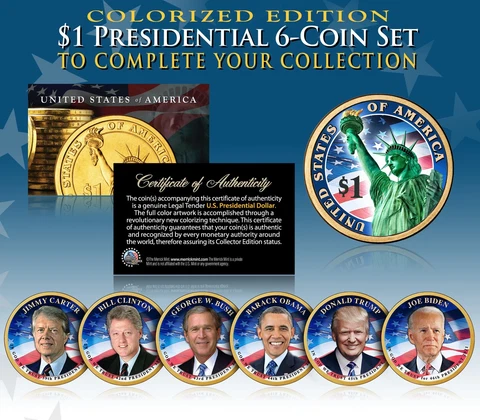 LIVING PRESIDENTS 2020-21 Presidential $1 US Dollar COLORIZED 2-SIDED 6-Coin Set Cover