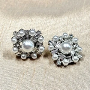 Tahari Clear Rhinestone & Faux Pearl Clip On Earrings in Silver Tone - 1" - Picture 1 of 5
