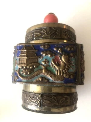 Antique Chinese Champleve Turn Of Century Brass Enamel Tea Caddy/Jar - Image 1 of 4
