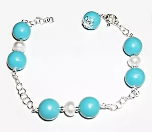 PULSERA de PLATA de ley 925 con PERLAS Cultivadas y Turquesa Italiana 10 mm - Foto 1 di 3