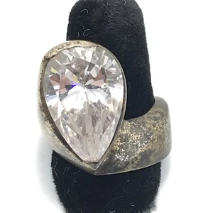 Vintage 925 Sterling Silver & Huge Teardrop Cut CZ Unique Design Ring sz 7.5 - Picture 1 of 13